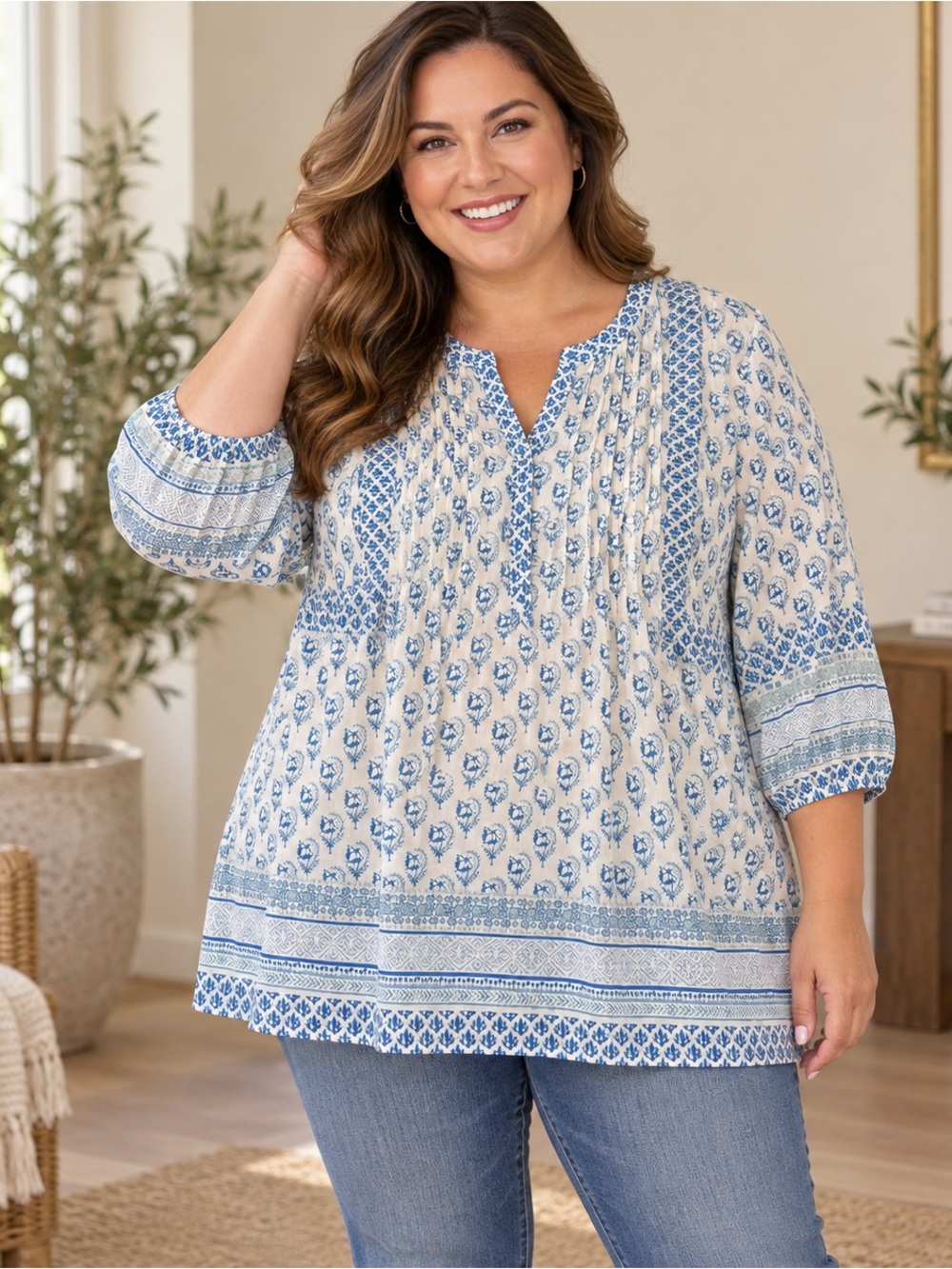 Rose + Olive 2X Blue Ivory Boho Floral Print Pintuck Tunic Blouse 3/4 Sleeve